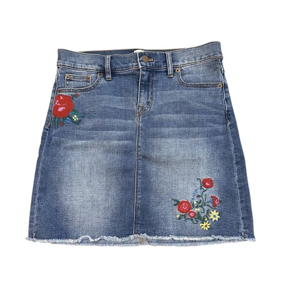 J Crew Floral Embroidered Denim Mini Skirt Raw Hem Fringe Size 2 Boho Y2K - Picture 1 of 7